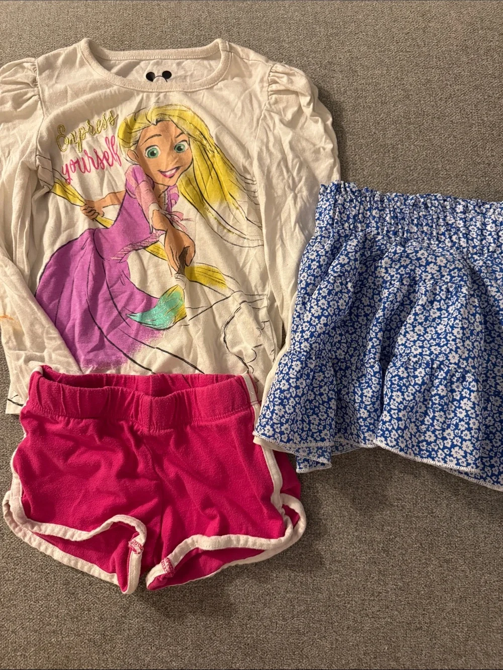 5/$15- Girls Rapunzel Long Sleeve Top + Pink Shorts + Blue Floral Skirt Set